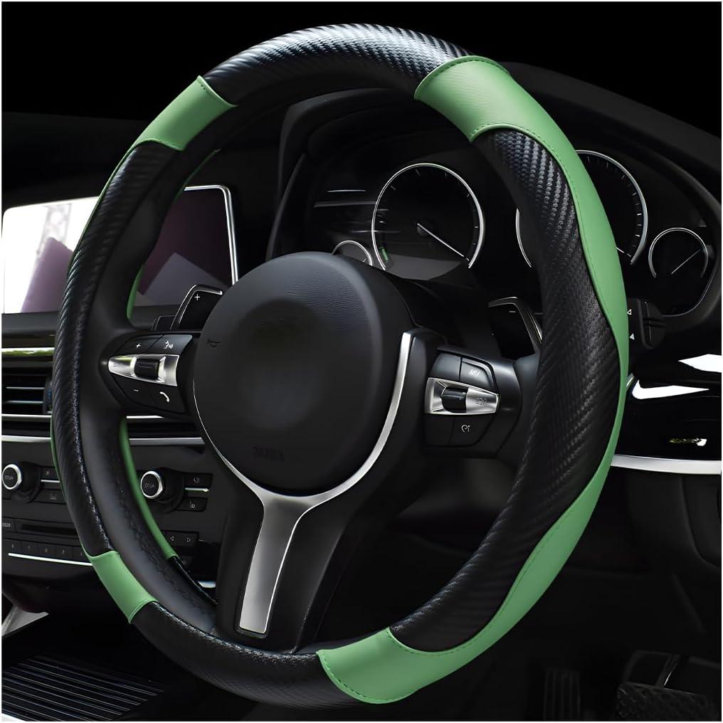 DXNQ Car Steering Wheel Cover, 15 Inch Carbon Fiber Leather Stitching Color Steering Wheel Protector, Anti-Slip Elastic Breathable Steering Wheel Cover Stylish Decor for Most Cars (Green)