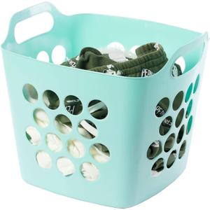 Flexible Plastic Carry Laundry Basket Holder Square Storage Hamper with Side Handles (Green)