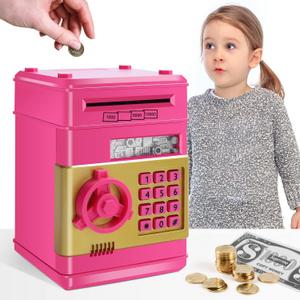 GuDoQi Piggy Bank for Girls Electronic Coin Money Bank Toy for 3 4 5 6 7 8 9 10 Year Old Children, Mini ATM Cash Coin Saving Box for Birthday Gifts Kids Age 3-10, Rose