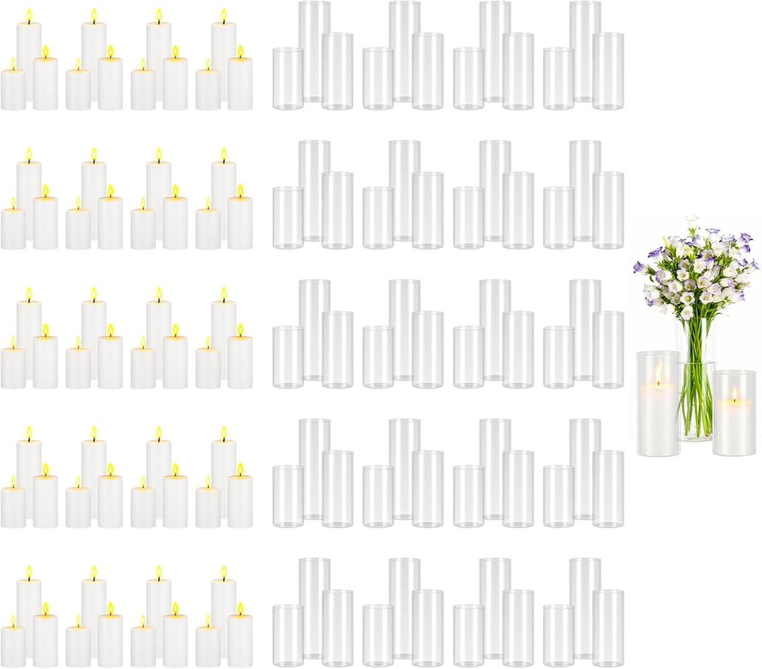 VEVOR Pillar Candles and Glass Vases Set 120 Pcs, Clear Cylinder Hurricane Candle Holders for Wedding Centerpieces, Tall Vase for Table Decor, Wedding Party,Thanksgiving,White (2.56" x 4.7",5.9",7.9")