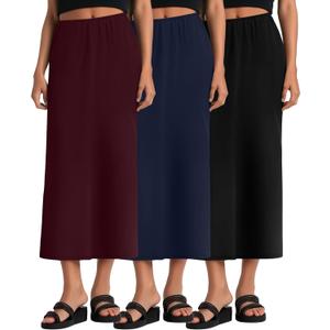 Huukeay 3 Pack Long Maxi Skirts for Women, Back Slit Ankle Length Casual Skirts Elastic Waist Soft Pencil Skirts with Pockets (Medium, Black, Navy Blue, Wine Red)