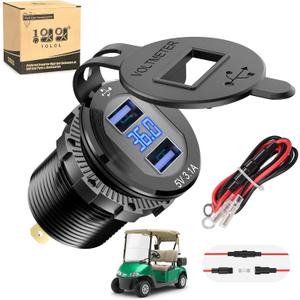 10L0L Golf Cart Quick Charge 3.0 Dual USB Outlet Fast Charger Socket for Yamaha Club Car EZGO Car Boat Marine RV ATV Truck, Metal Shell Safe Charging Socket with LED Digital Voltage Meter (12-48V)
