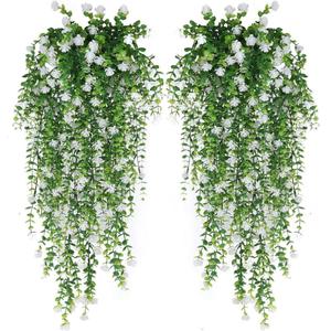 WEISPARK Artificial Hanging Flowers, 4pcs Fake Eucalyptus Vine Faux Flower Greenery Garland Plastic Plants for Indoor Outdoor Wall Garden Wedding Home Party Decor (White)