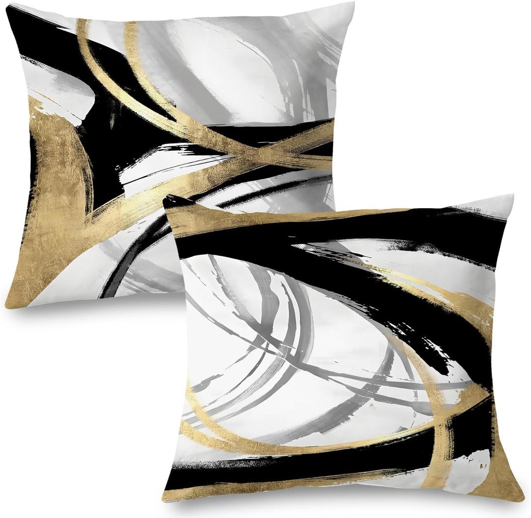 Black White and Gold Pillow Covers, Abstract Black and Gold Pillow Covers 18x18 Set of 2, Modern Boho Home Decor, Black and Gold Decorative Throw Pillows Cover for Couch Living Room Bedroom