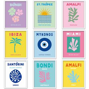 Whaline 9Pcs Preppy Travel Wall Art Prints Abstract Aesthetic Preppy Room Decor Colorful Minimalist Unframed Art Poster Decor for Living Room Teen Girls Bedroom College Dorm Decor, 10 x 12 Inch