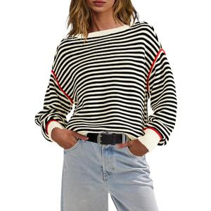 Panadila Womens Striped Oversized Sweater Fall Chunky Long Sleeve Pullover Sweaters Cable Knit Color Block Sweater Tops (Small, Black White Combo)