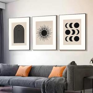 Modern Black Framed Canvas Wall Art Set,Black and White Beige Sun Moon Geometric Design Art Painting,Abstract Nature Artwork,Large Boho Wall Decor for Living Room,Bedroom,Office-24''x32''x3piece