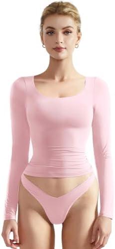 SUUKSESS Women Double Lined Fitted Basic T Shirts Scoop Neck Long Sleeve Crop Top White,Pink XS