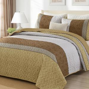 Cottolester Khaki Quilt Set,Striped Queen Size,Plaid Bedspread Coverlet Set,Khaki Brown Boho Bedding Set Soft Microfiber Bedding Set with 2 Pillow Shams 96"x90" (Yellow and Brown)