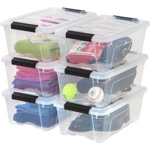 IRIS USA 13 Qt Stackable Plastic Storage Bins with Lids, 6 Pack - BPA-Free, Made in USA - See-Through Organizing Solution, Latches, Durable Nestable Containers, Secure Pull Handle - Clear (13 Qt. - 6 Pack)