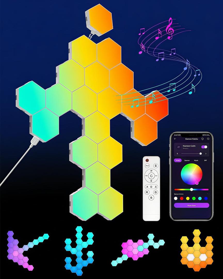 Hexagon LED Lights 20 Pack - RGB Wall Panels with Music Sync, Smart App & Remote Control, DIY Modular Hex Light for Gaming Room, Bedroom, Living Room, Wall Decor