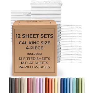 Bulk Case Pack of 12 Sheet Sets - (12) Complete Sheet Sets - Bulk Cal King Bedding - Wholesale Case Pack for Hotels, Spa & Airbnbs - Deep Pocket & Wrinkle Free - Cooling & Breathable - Cal King, White