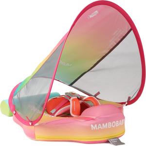 Mambobaby Float Add Tail Baby/Infant Swim Float with Canopy, Non-Inflatable Solid Upgrade Soft Waterproof Skin-Friendly Leather Material (Deluxe Edition Rainbow), Large