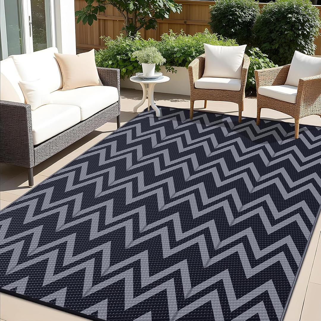OLANLY Waterproof Outdoor Rug 8x10 ft Clearance, Reversible Outdoor Plastic Straw Rug, RV Mat, Indoor Outdoor Carpet for Patio, Camping, Balcony, Deck, Backyard, Black & Grey