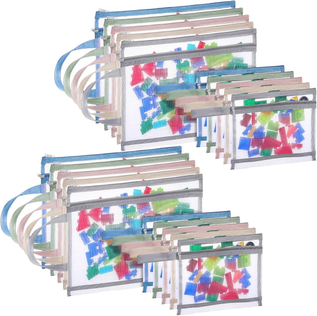SHENLIU 20 Pack Mesh Zipper Pouch Bags, 5 Colors Double Layer Nylon Mesh Bags with Handle Storage & Organization A4 & A5 Breathable See Through Zipper Pouch for Puzzle Board Storage Office Travel