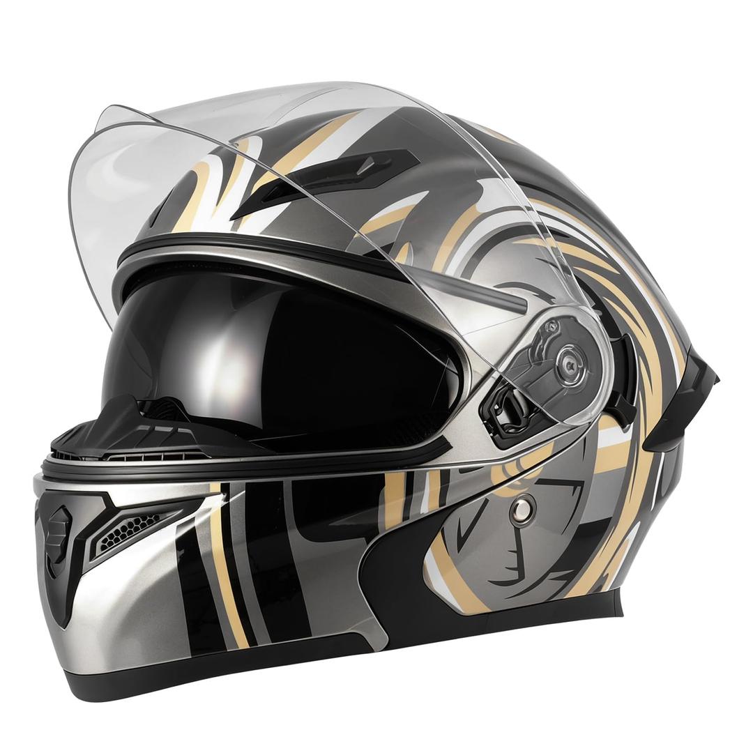 Spark Adult Flip-Up Motorcycle Helmets - DOT Certified Full Face Helmet with Dual Visor & Quick-Release Buckle, Lightweight ABS for Commuting and Touring(Black White, X-Large)