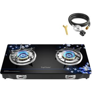TopFleme 2 Burner Propane Stove 27,200 BTU High-Efficiency Tempered Glass Auto-Ignition Gas Burner Stove Top with CSA Hose for Outdoor RV Camping Emergency Cooking