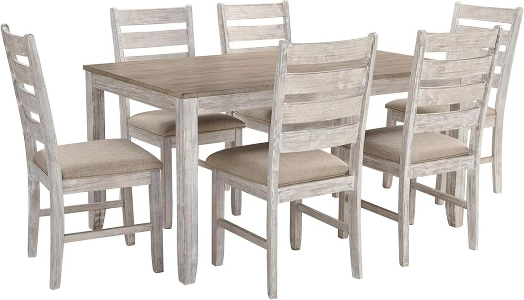 Signature Design by Ashley Skempton Cottage Dining 7 Piece Set  Rectangular Table & 6 Upholstered Chairs | Coastal Chic Meets Farmhouse, Whitewash