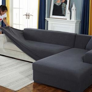 KinCam Couch Covers Sectional, Sectional Sofa L Shape, Purefit Super Stretch Sofa Slipcover, Thick Couch Covers for 1 2 3 4 Seater, Sectional Sofa Shape (Light Gray, 4PCS)