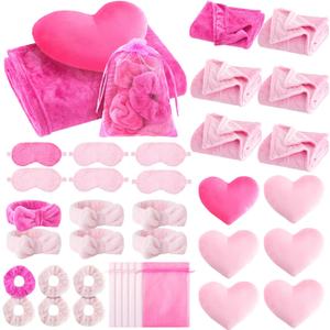 Fanfanwin 36 Pcs Sleepover Party Supplies for Girl Spa Slumber Birthday Favors Throw Blanket Pillow Eye Mask Headband Scrunchies (Solid Color,30 Pink,6 Hot Pink)
