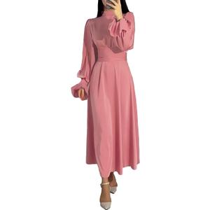 xxxiticat Women's Green Satin Dress Long Lantern Sleeve Mock Neck Puff Shoulder Tie Waist Pleated Cocktail Maxi Slip Dresses(PI, 2XL)