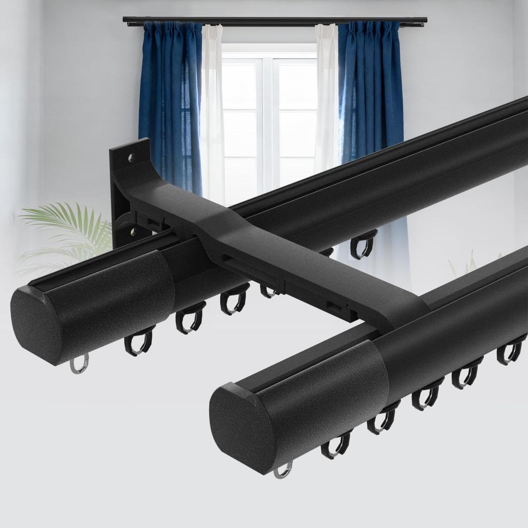 Double Curtain Rod Set for Windows, Heavy Duty Dual Track System with Aluminum Brackets, Decorative Black Curtain Rail for Room Divider, Bedroom & Living Room Drapes (Black, 86")
