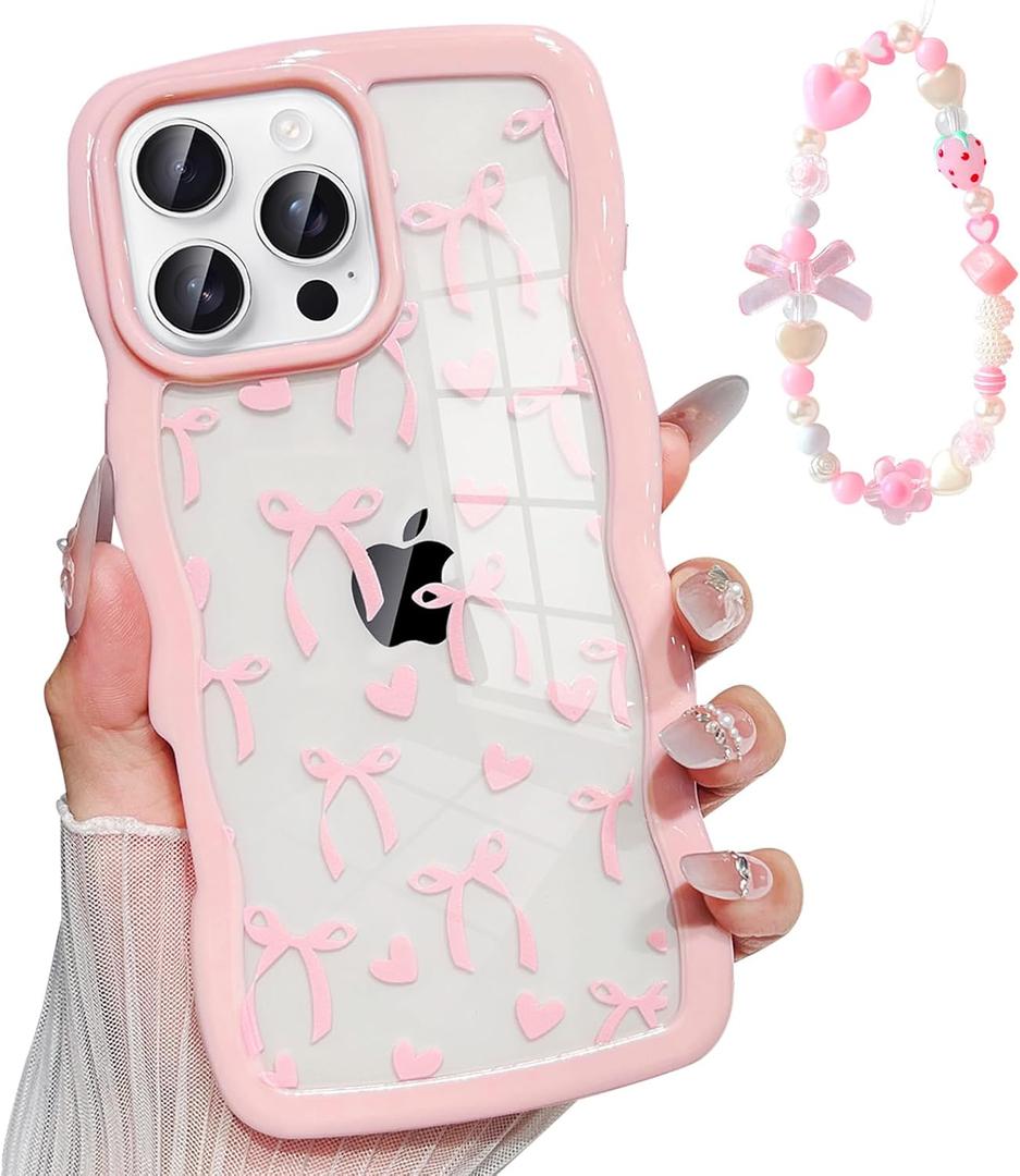 for iPhone 16 Pro Max Wavy Clear Silicone Bow Ribbon Women Trendy Cute Kawaii Girly Aesthetic Protective Shockproof Phone Cases with Beaded Phone Strap Lanyard Pink