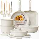 Astercook 23 Pcs Pots and Pans Non Stick Ceramic Cookware Set Detachable Handle, RV Stackable Kitchen Cooking Set Removable Handles, Oven Safe, Induction Ready, Cream White