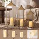 3 Pcs Large Gold Decorative Lanterns with Candles, Metal Candle Lantern