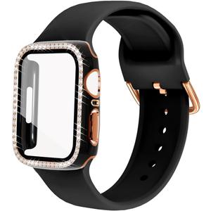 Compatible with Apple Watch Band and Case 38mm 40mm 41mm 42mm 44mm 45mm Women, Soft Silicone Bands and Bling Diamond Case & Glass Screen Protector for iWatch Series 9 8 7 6 5 4 3 2 1 and SE (Black)