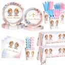 AIBIIN 194 Pcs Boho Nuestro Bautizo Baptism Party Decorations Supplies Twins First Holy Communion Party Decorations God Bless Disposable Tableware Set with Plates Napkins and Tablecloth Serves 24
