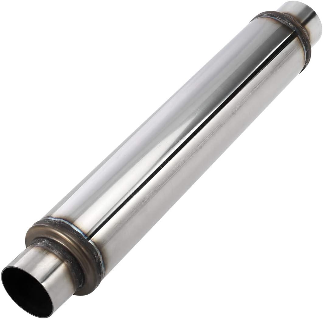 Upower 2.5 Inch Inlet Exhaust Muffler 2 1/2" Resonator Muffler 3.5" Round 18" Body Length 22" Overall Length Stainless Moderate Sound Universal Exhaust Resonator