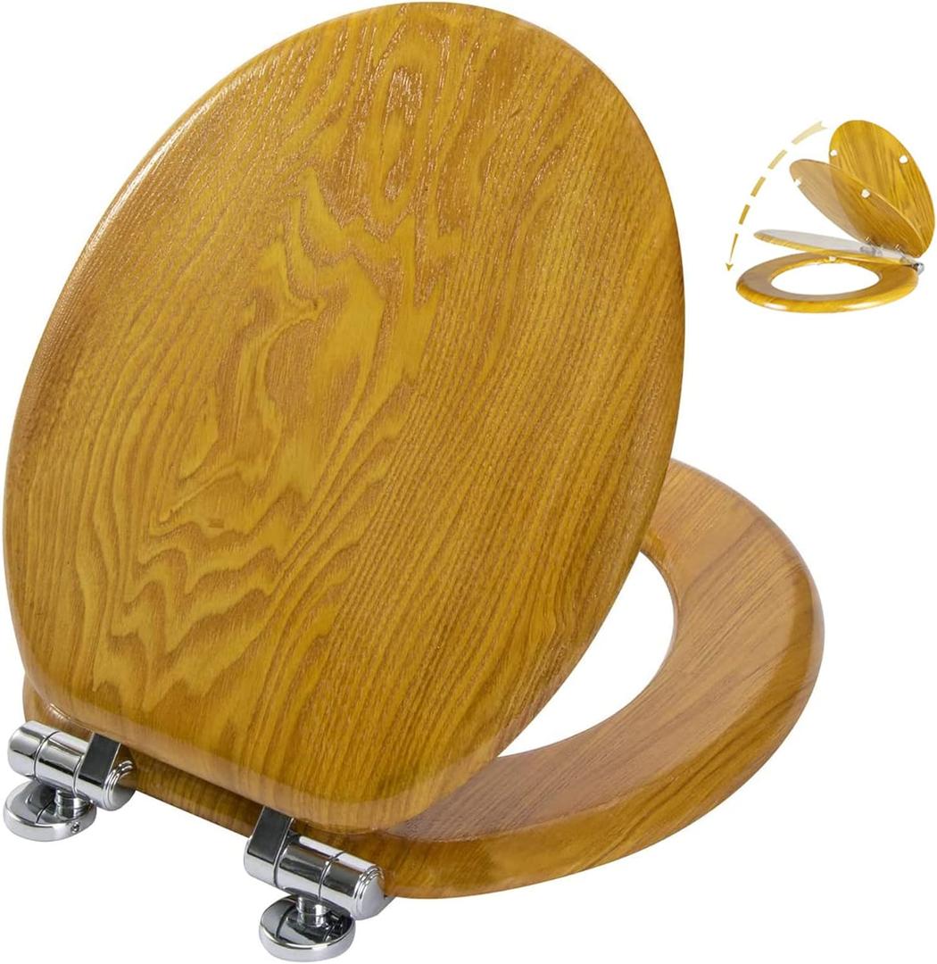 Angel Shield Wood Veneer Natural Toilet Seat with Quiet Close,Easy Clean,Quick-Release Hinges(Round,Oak) (Round-16.5")