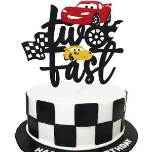 Two Fast Cake Topper Race Car 2nd Cake Decoration for Racing Car Checkered Flag Themed Kids Boy Girl 2 Years Old Happy 2s Birthday Party Supplies Double Sided