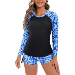 YATEEN Women's Long Sleeve Sun Protection Rash Guard Wetsuit Two Piece Swimsuit Set (Medium, #4 Black / Blue)