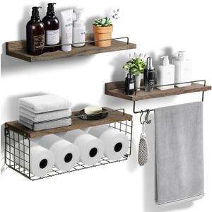3+1 Tier Floating Shelves With Wire Basket, Towel Bar and Hooks - Wall Solid Wood Shelves for Bathroom, Living Room, Bedroom and Kitchen