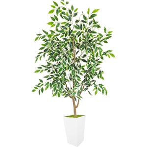 Artificial Ficus Tree 5ft, Faux Plant with White Tall Planter, Fake Ficus Leaves Plants in Pot, Artificial Floor Trees for Home Living Room Office Bedroom Foyer Porch Decor Indoor