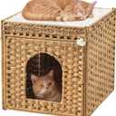 Cat Beds for Indoor Cats Extra Large Double Cat Cave Pet Cube, Handwoven Rattan Cat Houses with Double-Sided Soft Cushions, 18.5 x 20.5 x 19.1 Inches Foldable Hideaway in Living Room Natural