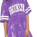 PORRCEY Juniors Short Sleeve Letter Print Sequin Funny Dress Shirts (Purple,M)