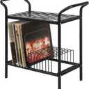 MyGift Modern Matte Black Metal Record Player Holder Stand with Vinyl Storage Organizer, Premium Quality 2 Tier Turntable Display Table Rack