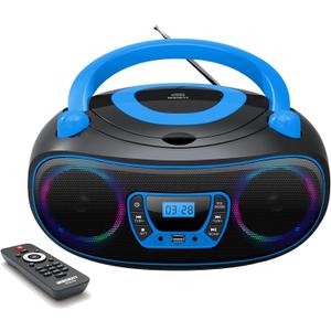 Portable Radio CD Player Boombox with Bluetooth, FM Radio, USB MP3 Playback, AUX-in, Headphone Jack,MP3 CDs Compatible, Kids CD Players for Home or Outdoor (Blue)