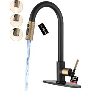 Kitchen Faucet with Pull Down Sprayer, 3 Spray Modes Metal Head, Stainless Steel Single Handle High Arc Kitchen Sink Faucet, for Farm,Bar, Fit for 1 or 3 Hole, Black and Gold