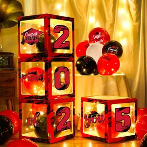 Woanger 44 Pcs Graduation 2025 Box LED Light Strings and Balloon Set Congrats Grad Party Box Decorations Proud of You Graduate Party Supplies for Class of 2025 School Home College(Red)