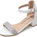Vonair Girls Sandals Low Heels Ankle Strap Open Toe Dress Shoes Flower Girl Party Wedding Shoes For Girls (13 Little Kid, White)