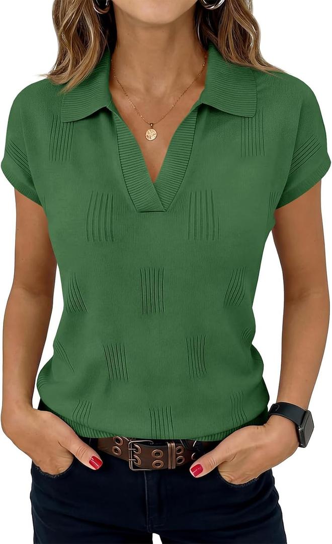 Saodimallsu Womens Short Sleeve Sweater Tops Solid Lapel V Neck Knit Shirt Summer Casual Basic Pullover (M)
