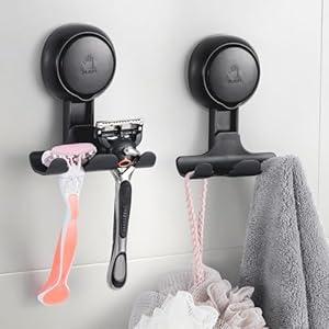 LEVERLOC Razor Holder for Shower 2 Pack, Powerful Vacuum Suction Cup Hook for Towel, Loofah, Razor, Squeegee, Damage-Free Wall Shower Hook, Shaver Holder for Bathroom, Easy to Install and Reuse, Black