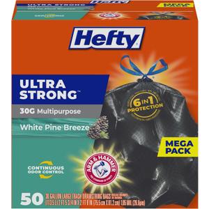 Hefty Ultra Strong 30 Gallon Trash Bags, Large Trash Bags 30 Gallon Size, Multipurpose, Break Resistant Drawstring Closure, Resists Leaks, Punctures, and Tears, Black, White Pine Breeze Scent, 50 Bags (50 Count (Pack of 1))