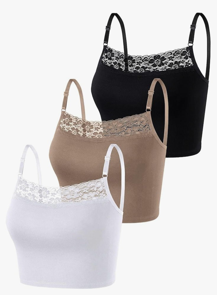 Bencailor 3 Pieces Lace Camisole Crop Top Lace Half Cami Breathable Basic Cami Spaghetti Tank Top for Women, L