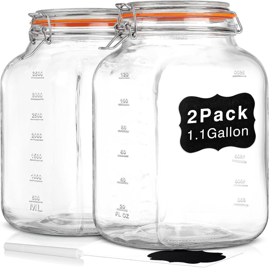 2 Pack Square Super Wide Mouth Airtight Glass Storage Jars with Lids, 1 Gallon Glass Container with 2 Measurement Marks, Canning Jars with Leak-proof Lid for Kitchen