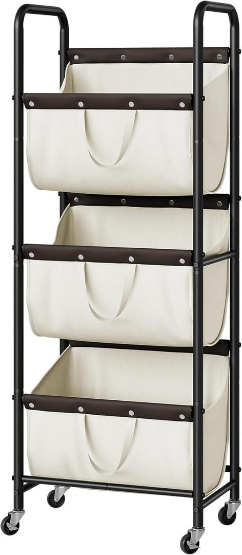 GRANNY SAYS 3 Tie Laundry Sorter, Laundry Basket with Wheels, Laundry Room Organization and Storage, 3 Section Rolling Laundry Cart for Dorm, Bathroom, Bedroom, Closet, Beige